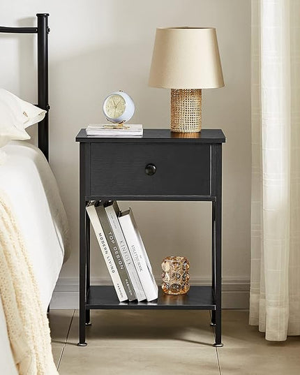 VECELO Night Stands for Bedroom Rustic Bedside End Tables with Drawer Storage, Nightstand (Set of 2), Black(Set of 2) - LeafyLoom