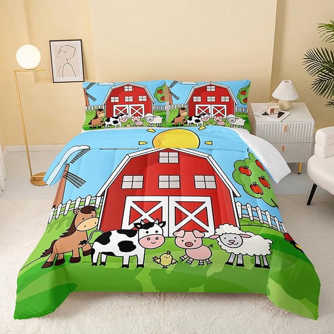 Farm Animals Comforter,Farmhouse Comforter Set for Kids Teens Girls Boys,Cartoon Animals 3Pcs Bedding Set Printed Comforter with 2 Pillowcases,Down Alternative,Soft and Lightweight，Twin Size - LeafyLoom