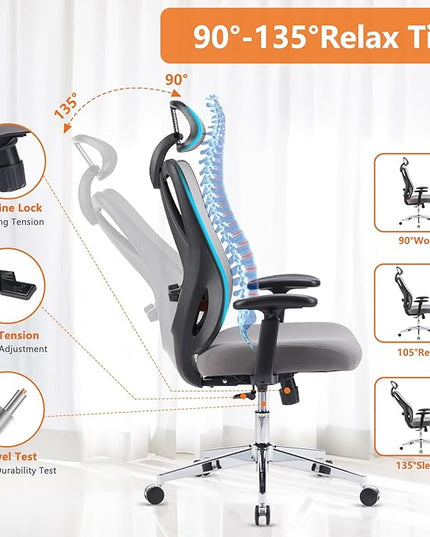 Sweetcrispy Ergonomic Office Desk Computer Chair, High Back Comfy Swivel Home Gaming Mesh Chairs with Wheels, Adjustable Lumbar Support, Headrest, Liftable 2D Arms,135° Tilt for Bedroom, Study, Grey - LeafyLoom