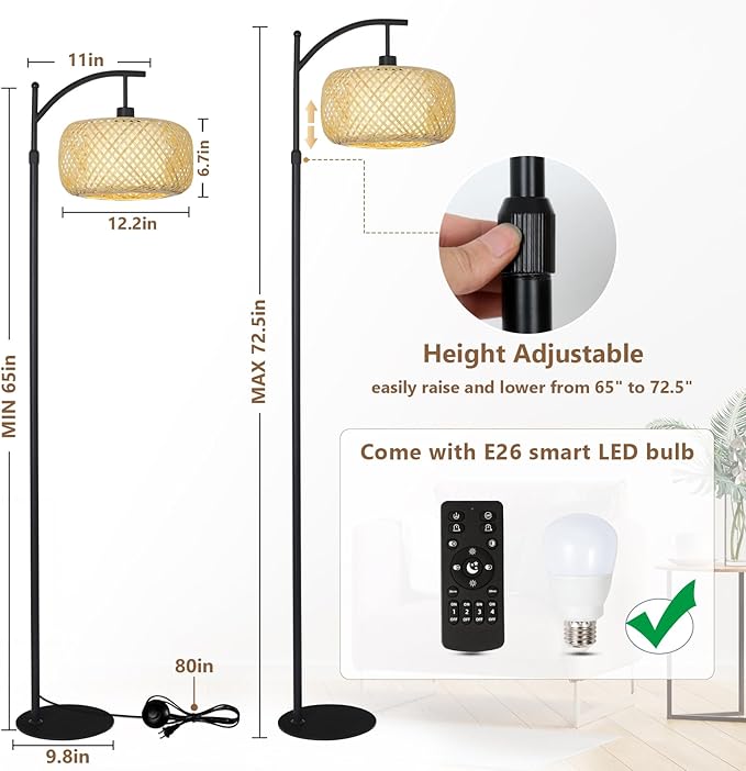Arc Floor Lamps, Bamboo Floor Lamp with Remote & Dimmable LED Bulb, Boho Rattan Pole Lamps with Bamboo & Fabric Shades, Rustic Standing Lamps for Living Room Bedroom Tall Reading Light - LeafyLoom