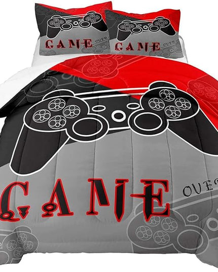 Gaming Bedding Sets for Boys Bedroom Soft Video Gamer Comforter Set Queen Size Black Red Game Controller Beddings for Kids Teens 1 Comforter and 2 Pillowcases - LeafyLoom