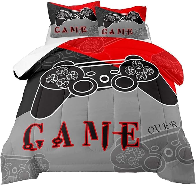 Gaming Bedding Sets for Boys Bedroom Fluffy Video Gamer Comforter Set Twin Size Black Red Game Controller Beddings for Kids Teens 1 Comforter and 1 Pillowcase - LeafyLoom
