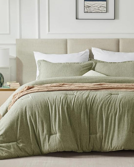 CozyLux Queen Size Comforter Set - 3 Pieces Olive Green Soft Luxury Cationic Dyeing Bedding Comforter for All Season, Breathable Lightweight Fluffy Boho Bed Sets with 1 Comforter and 2 Pillow Shams - LeafyLoom