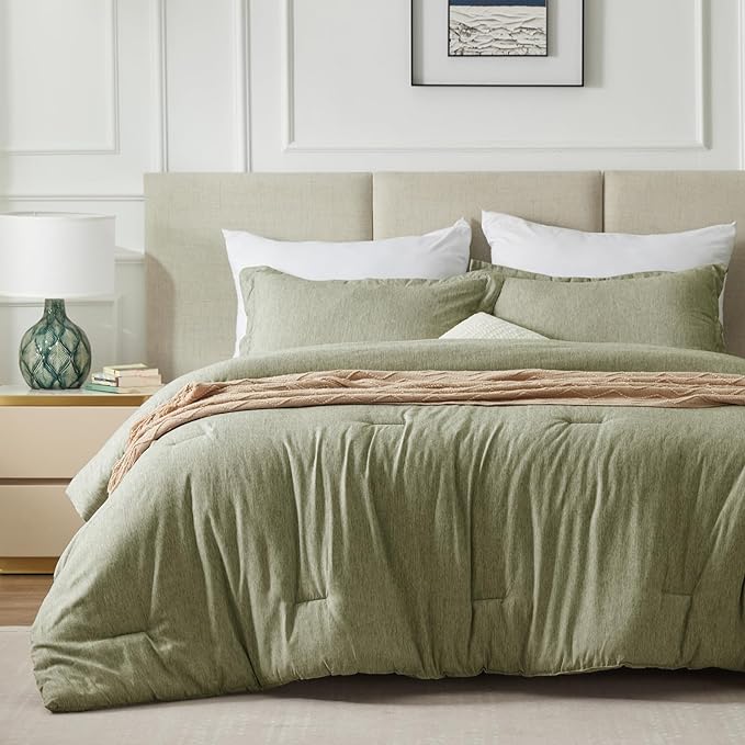CozyLux Queen Size Comforter Set - 3 Pieces Olive Green Soft Luxury Cationic Dyeing Bedding Comforter for All Season, Breathable Lightweight Fluffy Boho Bed Sets with 1 Comforter and 2 Pillow Shams - LeafyLoom