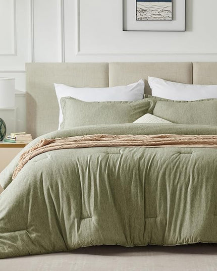 CozyLux King Size Comforter Set - 3 Pieces Olive Green Soft Luxury Cationic Dyeing Bedding Comforter for All Season, Breathable Lightweight Fluffy Boho Bed Sets with 1 Comforter and 2 Pillow Shams - LeafyLoom