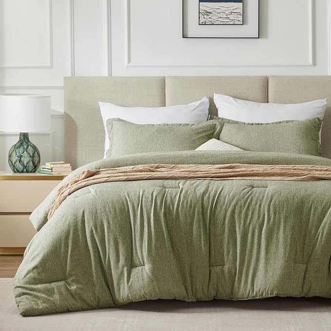 CozyLux King Size Comforter Set - 3 Pieces Olive Green Soft Luxury Cationic Dyeing Bedding Comforter for All Season, Breathable Lightweight Fluffy Boho Bed Sets with 1 Comforter and 2 Pillow Shams - LeafyLoom