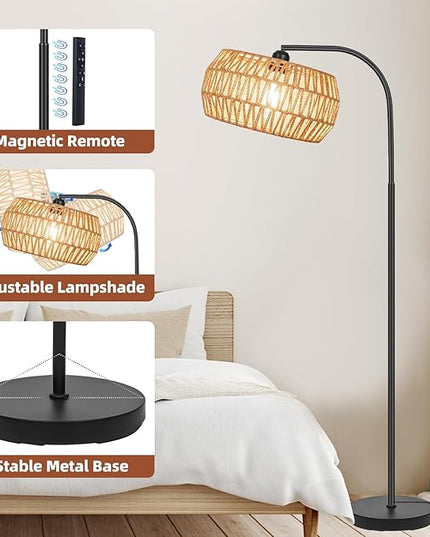 Floor Lamp with Remote, Rattan Standing Lamp with Rattan & Linen Shades, Boho Farmhouse Standing Lamps with Stepless Dimmable Bulb, Black Metal Base Rattan Lamp for Living Room, Bedroom, Office - LeafyLoom
