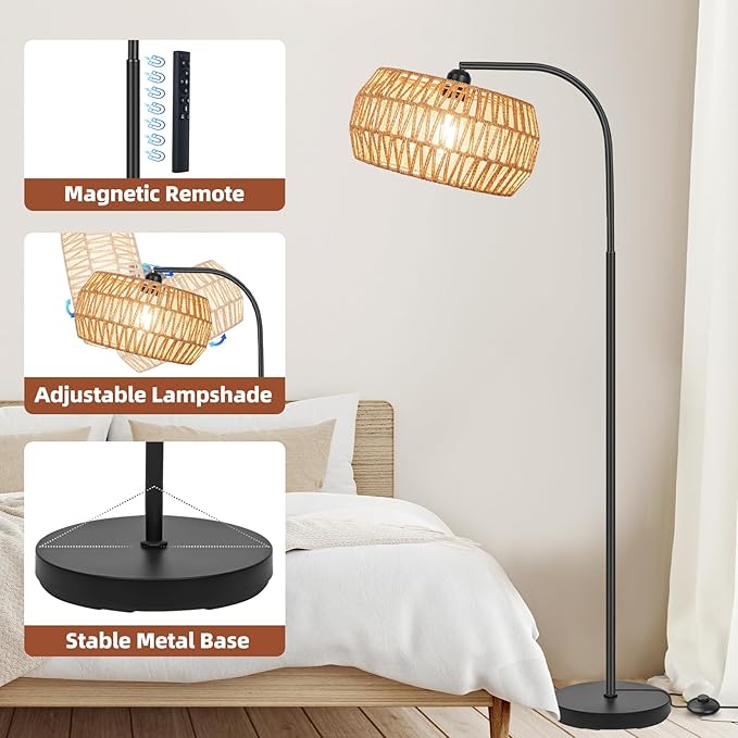 Floor Lamp with Remote, Rattan Standing Lamp with Rattan & Linen Shades, Boho Farmhouse Standing Lamps with Stepless Dimmable Bulb, Black Metal Base Rattan Lamp for Living Room, Bedroom, Office - LeafyLoom