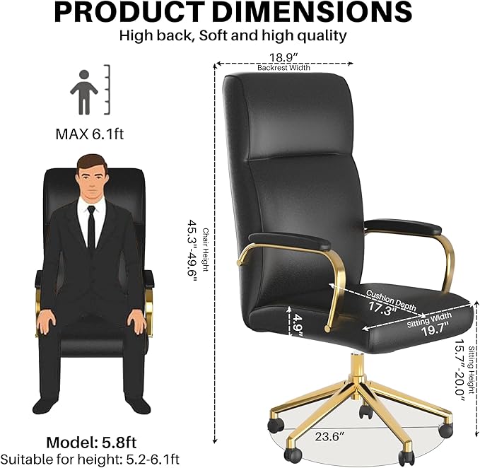 Black and Gold Office Chair, High Back Office Chair for Women, Modern Desk Chair Comfy with Arms, Leather Executive Office Chair with Wheels - LeafyLoom