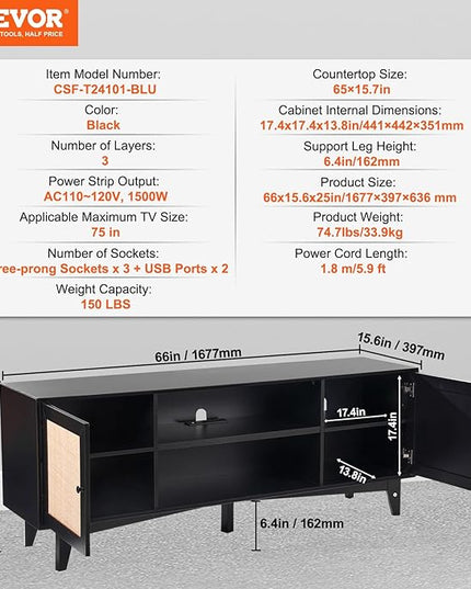 VEVOR Rattan TV Stand for 75in TV, Boho TV Stand with Rattan Door, Entertainment Center with Build-in Socket, Storage Cabinet with 2 Shelves, Modern TV Console for Living Room, Media Room, Black - LeafyLoom