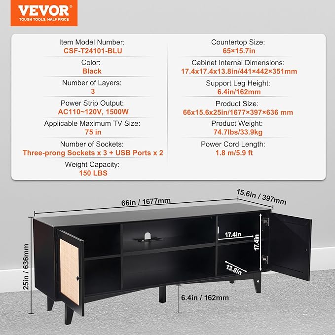 VEVOR Rattan TV Stand for 75in TV, Boho TV Stand with Rattan Door, Entertainment Center with Build-in Socket, Storage Cabinet with 2 Shelves, Modern TV Console for Living Room, Media Room, Black - LeafyLoom