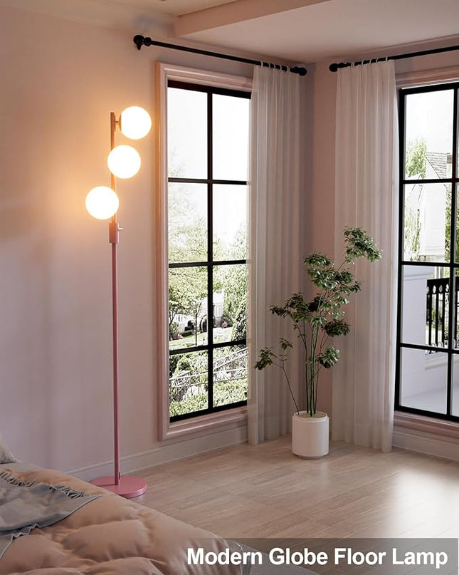 64IN Dimmable Pink Floor Lamp, Tall Standing Lamps with 3 Globe Soft Warm White Eye Care 3000K G9 Bulbs, Mid Century Modern Floor Lamp for Bedroom Office - LeafyLoom