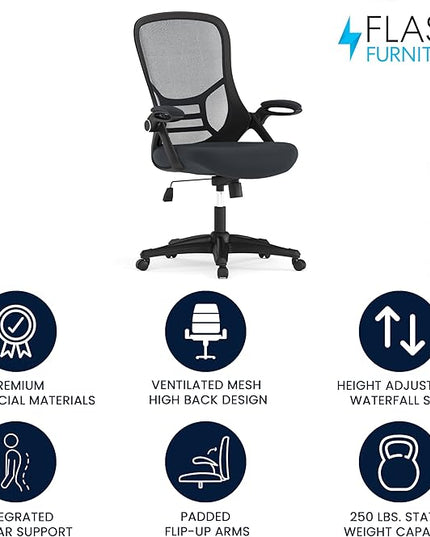 Flash Furniture Porter High-Back Swivel Office Chair with Adjustable Lumbar Support and Seat Height, Ergonomic Mesh Desk Chair with Flip-Up Armrests, Black - LeafyLoom