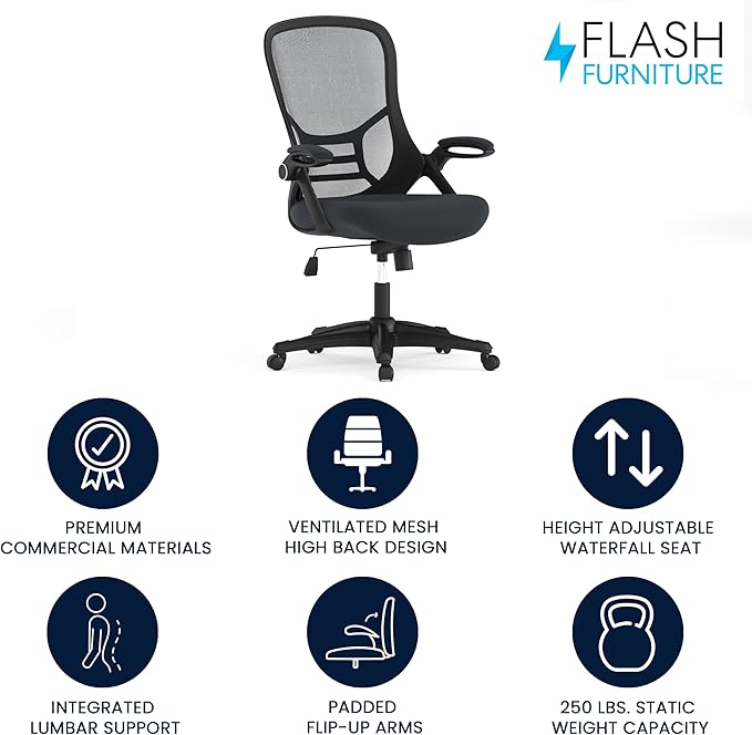 Flash Furniture Porter High-Back Swivel Office Chair with Adjustable Lumbar Support and Seat Height, Ergonomic Mesh Desk Chair with Flip-Up Armrests, Black - LeafyLoom