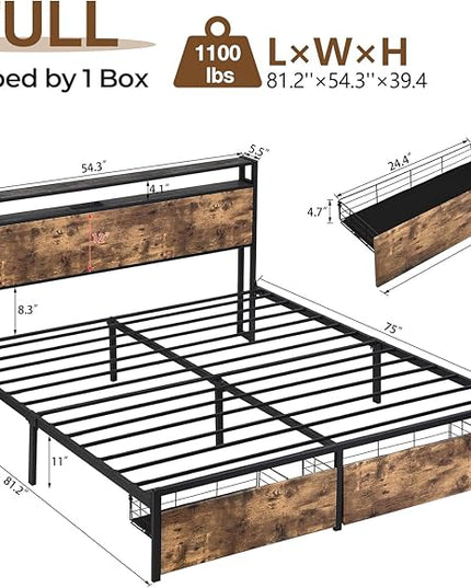 LED Full Bed Frame with 2 Storage Drawers & Headboard, Platform Metal Bed Frame with Charging Station, Noise-Free, No Box Spring Needed, Vintage Brown - LeafyLoom