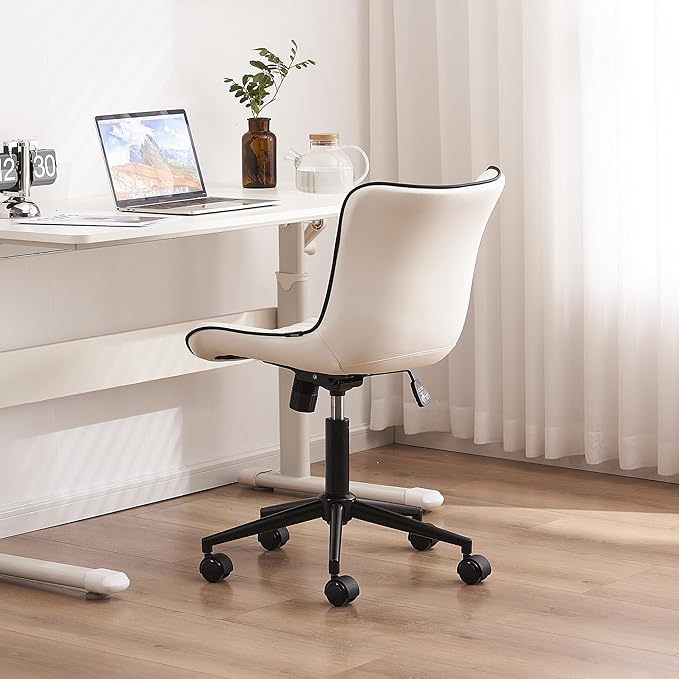 YOUTASTE Office Chair Modern Armless Desk Chair, Height Adjustable Swivel Rocking Computer Task Chair, Faux Leather Sewing Chairs with Wheels, Stylish Lounge Vanity Chair,White - LeafyLoom