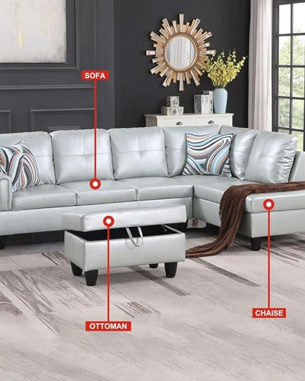 3-Piece L-Shaped Sectional Couches Lounge & Storage, 97.5'' Linen Modular Living Room Home Office, 3pcs 97'' Sofa+66.5'' Chaise+28.5'' Ottoman(Right), Silver Green Faux Leather - LeafyLoom