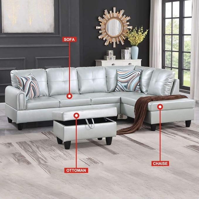 3-Piece L-Shaped Sectional Couches Lounge & Storage, 97.5'' Linen Modular Living Room Home Office, 3pcs 97'' Sofa+66.5'' Chaise+28.5'' Ottoman(Right), Silver Green Faux Leather - LeafyLoom