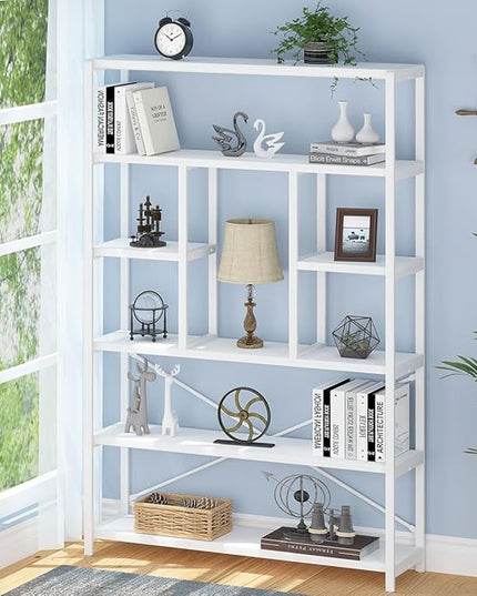 LVB 6 Tier Tall White Bookshelf, Big Metal Wooden Book Shelves Storage, Modern Large Bookcases and Bookshelves 6 Shelf, Farmhouse Open Vertical Display Book Shelf for Bedroom Living Room Office, White - LeafyLoom