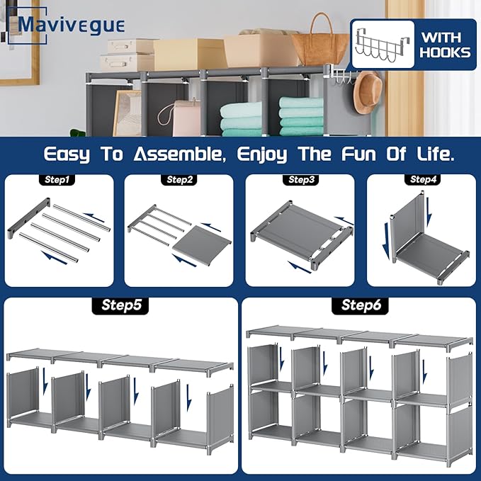Mavivegue Book Shelf, 16 Cube Storage Organizer, DIY Bookcase, Metal Cube Bookshelf,Tall Book case for Bedroom, Living Room,Office,Closet Storage Organizer, Grey Cubicle Storage Rack - LeafyLoom
