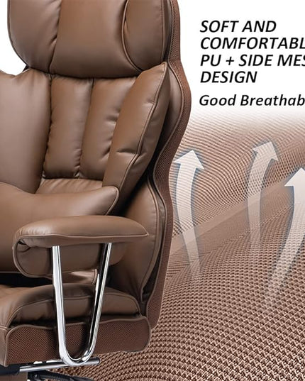 Desk Office Chair 400LBS, Big and Tall Office Chair, PU Leather Computer Chair, Executive Office Chair with Leg Rest and Lumbar Support, Brown Office Chair - LeafyLoom