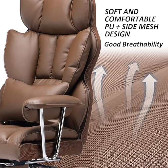 Desk Office Chair 400LBS, Big and Tall Office Chair, PU Leather Computer Chair, Executive Office Chair with Leg Rest and Lumbar Support, Brown Office Chair - LeafyLoom