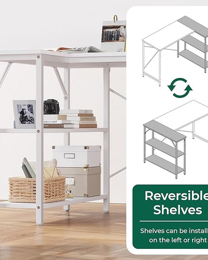 L Shaped Desk, 55 Inches Computer Desk with Reversible Storage Shelves, Gaming Desk, Corner Desk Home Office Desks, Writing Desk Study Desk with Metal Frame, White - LeafyLoom