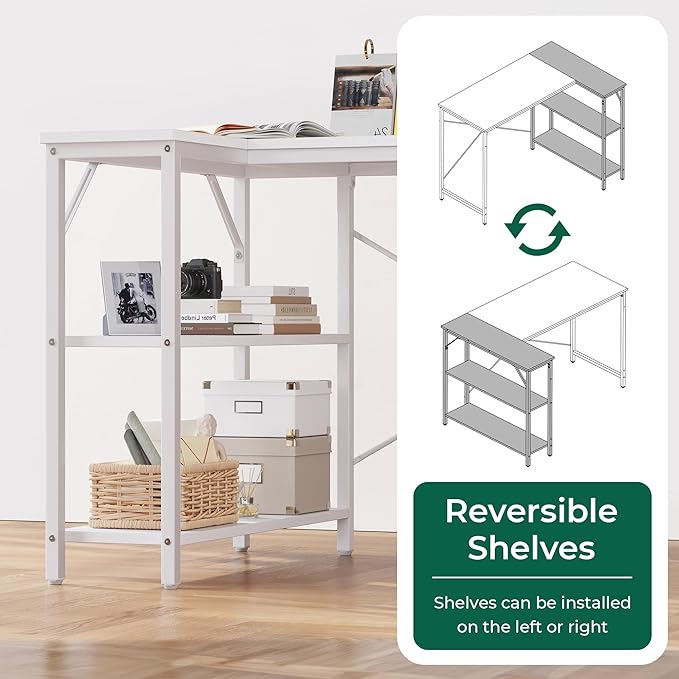 L Shaped Desk, 55 Inches Computer Desk with Reversible Storage Shelves, Gaming Desk, Corner Desk Home Office Desks, Writing Desk Study Desk with Metal Frame, White - LeafyLoom