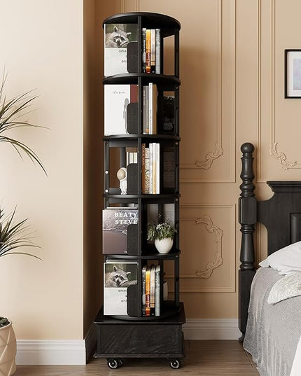 Solid Wood Rotating Book Shelf, 360° Display Bookcase with Drawer, 5-Tier Mobile Bookshelf with Wheels, 79" Tall Bookcase for Narrow Space, Spinning Bookshelf Tower for Home Office, Study Room, Black - LeafyLoom