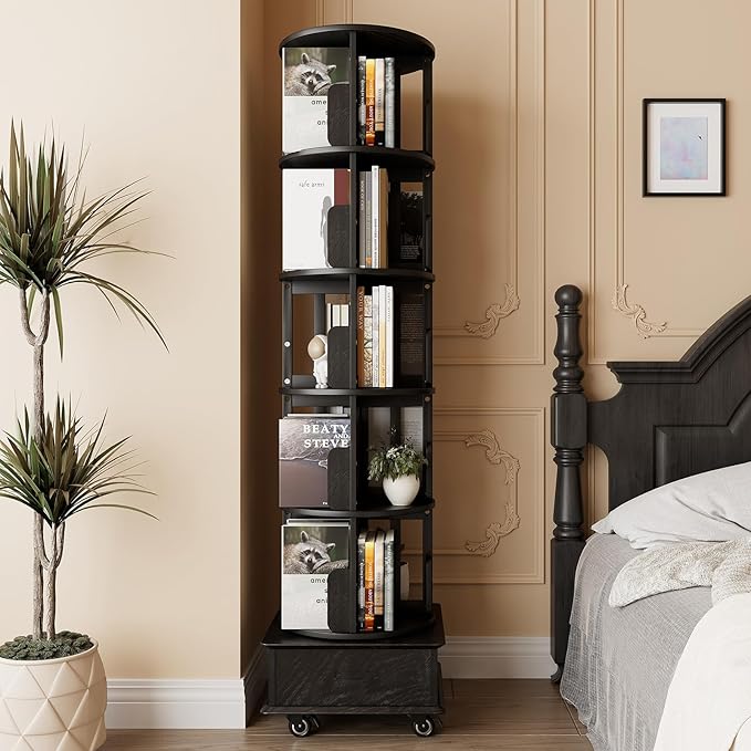 Solid Wood Rotating Book Shelf, 360° Display Bookcase with Drawer, 5-Tier Mobile Bookshelf with Wheels, 79" Tall Bookcase for Narrow Space, Spinning Bookshelf Tower for Home Office, Study Room, Black - LeafyLoom