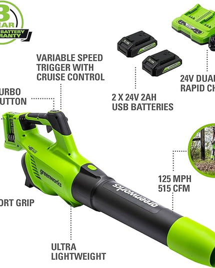 Greenworks 48V (2 x 24V) Cordless Axial Leaf Blower (125 MPH / 515 CFM / 125+ Compatible Tools), (2) 2.0Ah Batteries and Dual Port Charger Included - LeafyLoom