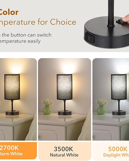 GGOYING Set of 2 Bedroom Table Lamp, Bedside Lamps with 3-Color Modes LED Bulbs, AC Outlet, Black Lampshade Nightstand Lamp for Living Room Nightstand Office - LeafyLoom