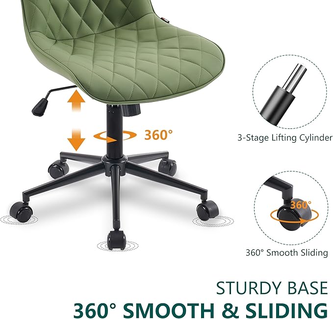 YOUNUOKE Office Chair Desk Chair with Wheels, Thick Upholstery Comfy Armless Task Chair, Home Office Chair Faux Leather Swivel Desk Chairs, Waiting Reception Chair Computer Chair, Olive Green - LeafyLoom
