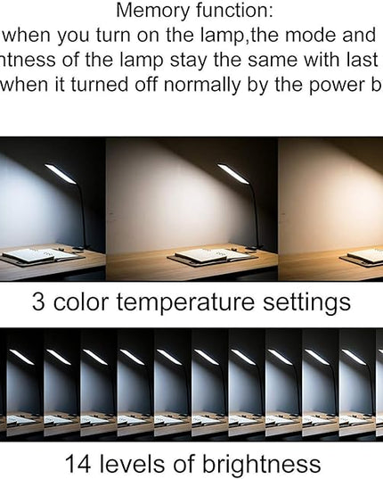 LED Desk Lamp Dimmable Eye-Care Reading Light Office Light Adjustable 3 Color Modes,14 Brightness Levels, Gooseneck Flexible Clip-on Light for Studying, 5W-Black - LeafyLoom