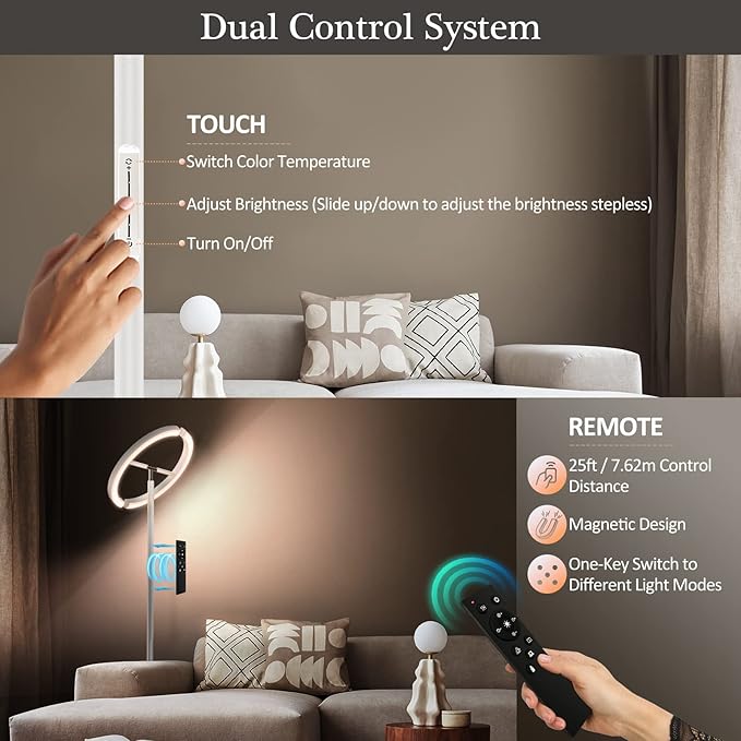 FIMEI Split Floor Lamp, Bright Modern LED Standing Lamp, Stepless Dimming and 4 Color Temperature, Eye-Protection Reading Standing Light for Living Room Bedroom Office, Touch&Remote Control, White - LeafyLoom