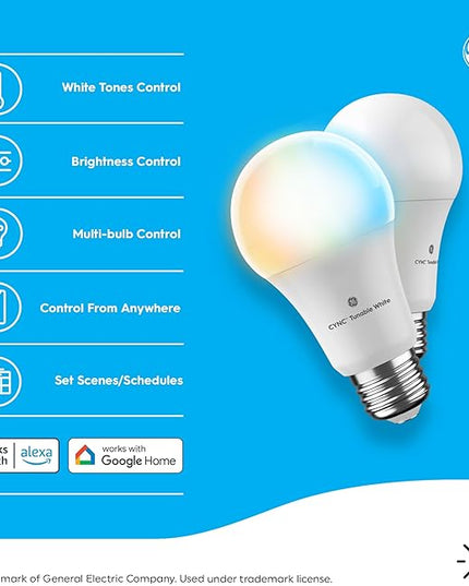 GE CYNC Smart LED Light Bulbs, Tunable White, Bluetooth and Wi-Fi, Works with Alexa and Google, A19 (2 Pack) CYNCSmartHome