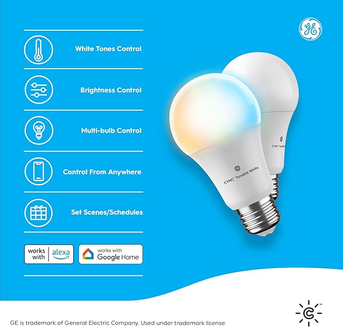 GE CYNC Smart LED Light Bulbs, Tunable White, Bluetooth and Wi-Fi, Works with Alexa and Google, A19 (2 Pack) CYNCSmartHome