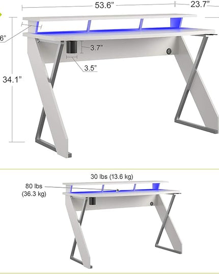 Xtreme Riser, Ergonomic, Home Office, Work Table, Computer, Gaming Room Desk, Monitor Stand, Cup Holder, Headphone Hook, White - LeafyLoom