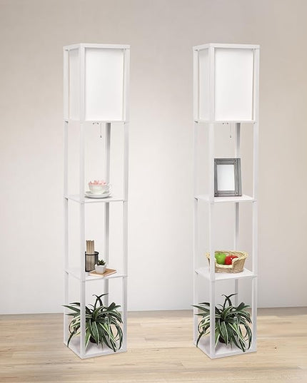 Simple Designs LF1014-WHT Etagere Organizer Storage Shelf Linen Shade Floor Lamp, White - LeafyLoom