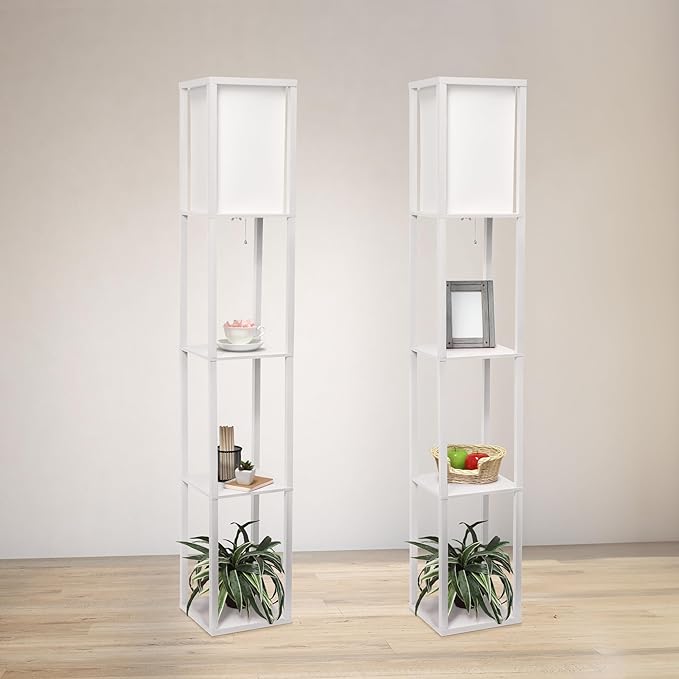 Simple Designs LF1014-WHT Etagere Organizer Storage Shelf Linen Shade Floor Lamp, White - LeafyLoom