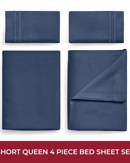 Mellanni RV Short Queen Sheets - 4 PC Iconic Collection Bedding Sheets & Pillowcases - Hotel Luxury, Extra Soft, Cooling Bed Sheets - Deep Pocket up to 10 inch (RV/Short Queen, Navy Blue) - LeafyLoom
