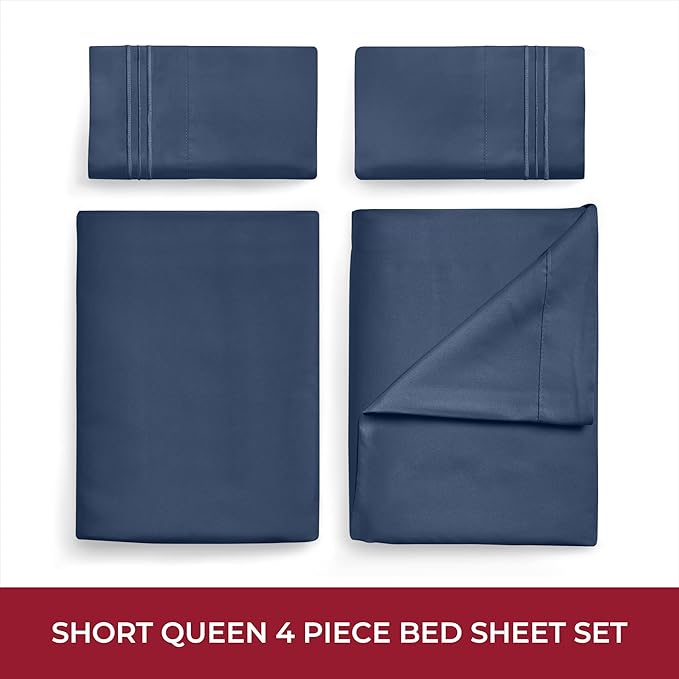 Mellanni RV Short Queen Sheets - 4 PC Iconic Collection Bedding Sheets & Pillowcases - Hotel Luxury, Extra Soft, Cooling Bed Sheets - Deep Pocket up to 10 inch (RV/Short Queen, Navy Blue) - LeafyLoom