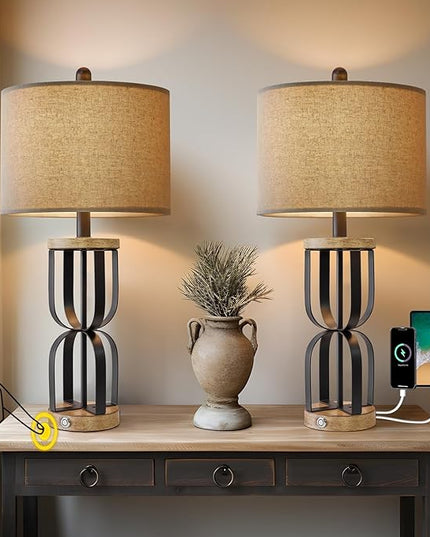 25" Industrial Dual USB Charging Ports 3-Way Dimmable Touch Control Table Lamp Nightstand Lamp Vintage Modern Bedside Lamps for Living Room Bedroom Hotel - LeafyLoom