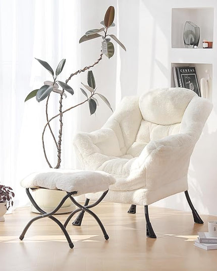 Plush Lazy Chair and Ottoman, Large Contemporary Accent Lounge Chair with Armrests and a Side Pocket, Modern Leisure Upholstered Sofa Reading Armchair with Footrest for Bedroom, Living Room - LeafyLoom