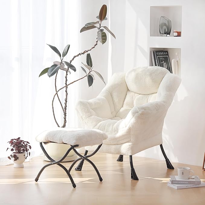 Plush Lazy Chair and Ottoman, Large Contemporary Accent Lounge Chair with Armrests and a Side Pocket, Modern Leisure Upholstered Sofa Reading Armchair with Footrest for Bedroom, Living Room - LeafyLoom