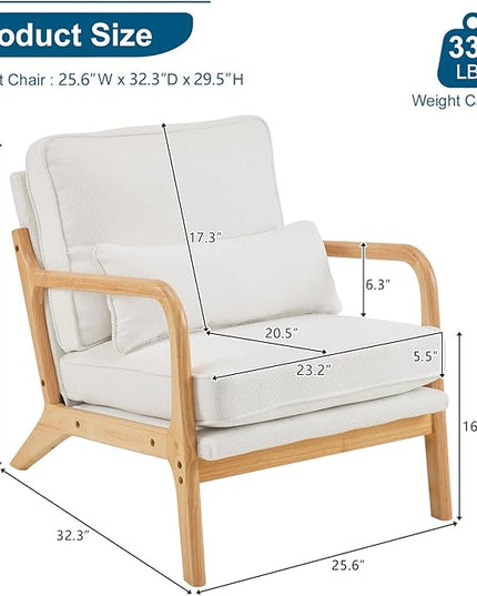 Bonnlo Coarse Linen Beige Mid Century Modern Accent Chair, Soild Wood Padding Lounge Armchairs Side Sitting Chairs for Living Room, Bedroom, Guest Room - LeafyLoom
