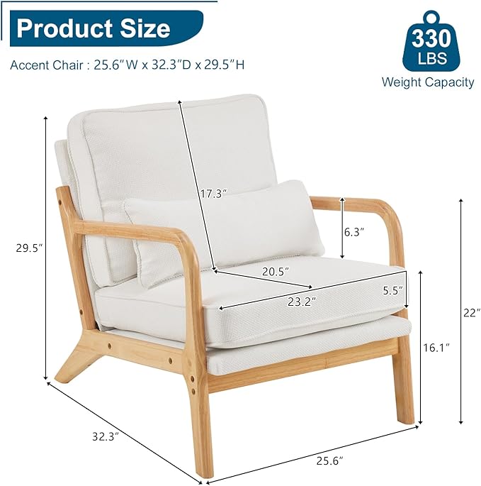Bonnlo Coarse Linen Beige Mid Century Modern Accent Chair, Soild Wood Padding Lounge Armchairs Side Sitting Chairs for Living Room, Bedroom, Guest Room - LeafyLoom
