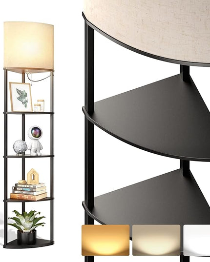 addlon corner lamp 5-Tier Shelf Floor Lamp Display with 3 Color Temperatures LED Bulb and Linen Lamp Shade, Shelves for Living Room, Bedroom and Office - Black - LeafyLoom