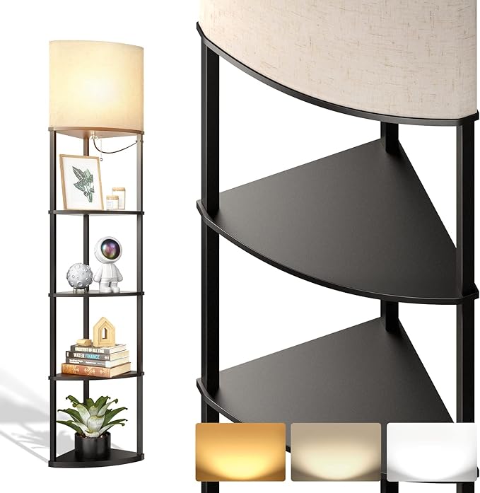 addlon corner lamp 5-Tier Shelf Floor Lamp Display with 3 Color Temperatures LED Bulb and Linen Lamp Shade, Shelves for Living Room, Bedroom and Office - Black - LeafyLoom