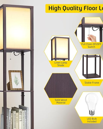 Floor Lamp with Shelves, Shelf Floor Lamp for Bedroom, Modern Standing Shelf Floor Lamp for Living Room Office with 3 CCT LED Bulb - Walnut. - LeafyLoom